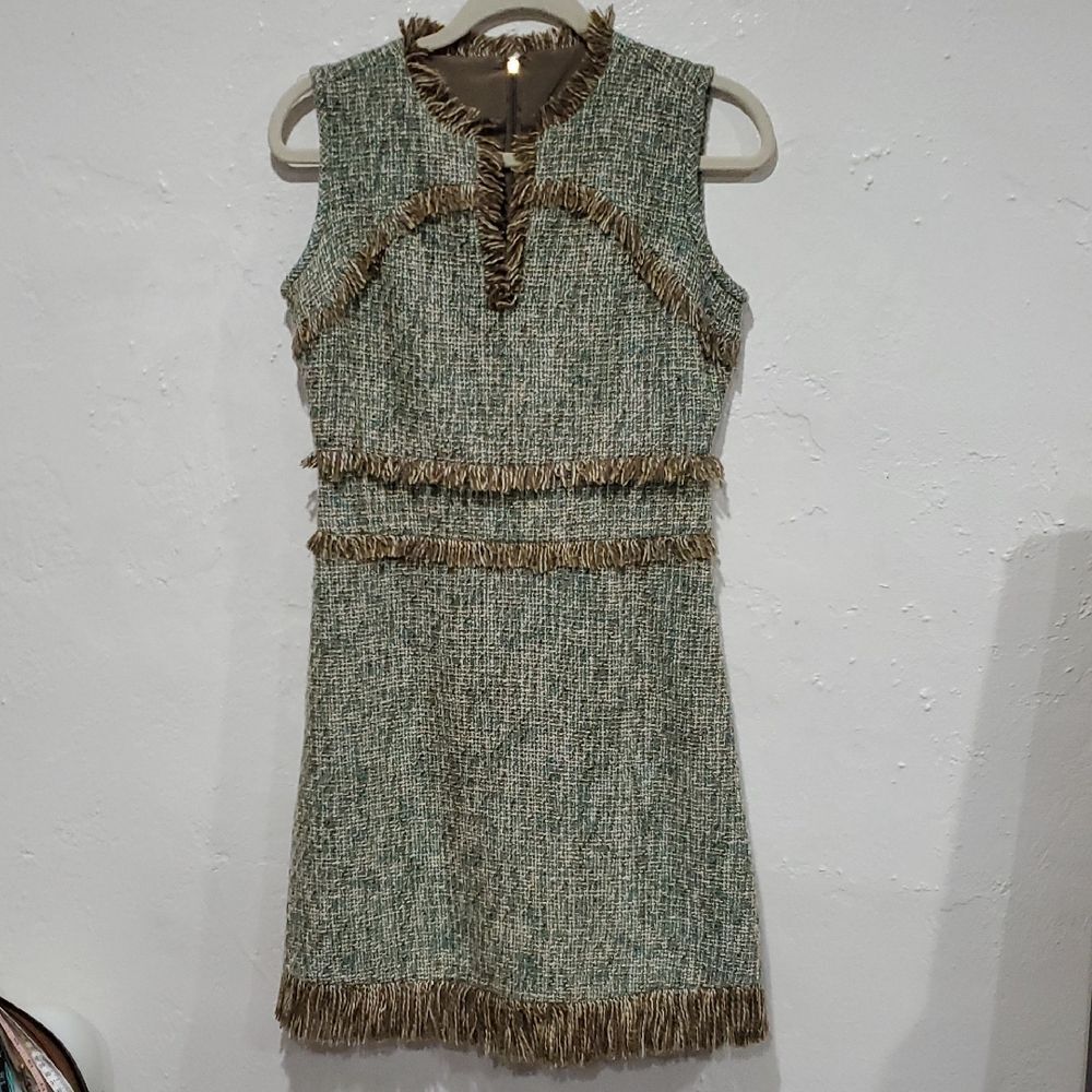 Tory Burch Natalya Tweed Sleeveless Dress With Fringe Size 6
